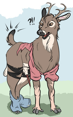 animal_genitalia balls bodily_fluids clothing cum erection feral genital_fluids genitals leaking_cum male penis simple_background solo surprised torn_clothing transformation renwick-fox_(artist) deer mammal absurd_res colored digital_drawing_(artwork) digital_media_(artwork) hi_res