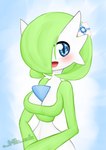 accessory big_breasts blue_background blue_eyes blush breasts cleavage clothed clothing female green_hair hair hair_accessory hair_over_eye happy looking_at_viewer not_furry one_eye_obstructed open_mouth simple_background solo friita nintendo pokemon auria_(friita) gardevoir generation_3_pokemon humanoid pokemon_(species) 2022 absurd_res half-length_portrait hi_res portrait signature