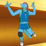 1:1 action_pose anthro anthrofied chompers_(fuze) clothing fuze generation_2_pokemon gym hair hi_res jumping male nintendo playing_sport pokemon pokemon_(species) pokemorph pose reptile scalie shirt solo sport tank_top topwear totodile uniform volleyball volleyball_court