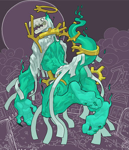 anthro backsack balls big_hands biped bone butt claws empty_eyes feet finger_claws floating foot_focus genitals green_balls green_body halo looking_at_viewer looking_back looking_back_at_viewer male monotone_body outside plantigrade skull skull_head solo toes nsfuwu4 ghost spirit 2023 absurd_res digital_media_(artwork) hi_res shaded