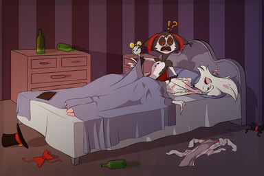 2_toes 4_fingers anthro bed clothing discarded_clothing duo feet fingers furniture interrobang male male/male morning_after on_bed shocked sleeping sound_effects toes under_covers vowelless vowelless_sound_effect zzz clone26 hazbin_hotel hellaverse angel_dust husk_(hazbin_hotel) animal_humanoid arachnid arachnid_humanoid arthropod arthropod_humanoid domestic_cat felid feline felis humanoid mammal spider_humanoid 3:2 absurd_res hi_res