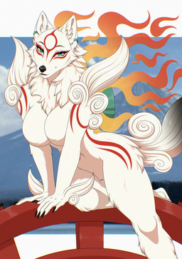 anthro anthrofied biped breasts claws featureless_breasts female fingers front_view fur hair looking_at_viewer nude nude_anthro nude_female outside smile solo tail chaiteakitten capcom okami_(capcom) amaterasu_(okami) canid canine canis deity mammal wolf 2026 digital_drawing_(artwork) digital_media_(artwork) hi_res