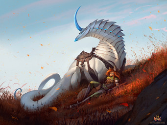 ambiguous_gender anthro armor autumn_leaves belt clothed clothing cloud duo female feral fully_clothed grass hair horn leaf leather leather_armor logo looking_aside on_grass outside plant pointy_ears prick_ears reclining red_hair resting saddle sky text alectorfencer myre mythology myre_(alectorfencer) varug canid dragon mammal mythological_creature mythological_scalie scalie 2025 artist_name hi_res red_theme url