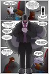 2021 anthro bear biped bowing brown_bear butler clothing coat comic dialogue doorway dress_shirt drone english_text eyes_closed frostbite_(rubberbuns) fur gear_(rubberbuns) gloves grey_body grey_fur group hand_behind_back handwear hat headgear headwear hi_res latex latex_clothing latex_skinsuit long_tail male male/male mammal markings master_buns mephitid muscular muscular_anthro muscular_male muzzle_(object) muzzled necktie plantigrade polar_bear purple_necktie red_necktie rubber_clothing rubberbuns shirt skinsuit skunk speech_bubble striped_markings striped_tail stripes superhero supervillain symbiote tail tail_markings tailcoat text tight_clothing topwear ursine vest yellow_eyes