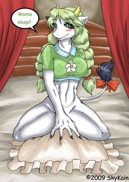 accessory anthro bed big_breasts black_body black_fur blush bottomless bottomwear bow_(feature) bow_accessory bow_ribbon breasts clothed clothing convenient_censorship covering covering_self dialogue female flower fur furgonomics furniture green_eyes green_hair hair horn inside inviting long_hair navel nipple_outline pillow plant ponytail ribbons seductive skirt smile solo speech_bubble spots spread_legs spreading tail tail_accessory tail_bow tail_ribbon text tongue tongue_out white_body white_fur skykain bovid bovine cattle mammal 2009 censored english_text hi_res