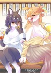 4_fingers anthro big_breasts black_hair blush bra breasts chest_tuft cleavage clothed clothing drinking duo ear_tuft female fingers glass hair kemono laugh long_hair off_shoulder open_mouth open_smile orange_hair sitting smile snout teeth text tongue tuft underwear lemoco inu-chan_(kim_3022) kuroshiba-chan_(kim_3022) canid canine canis domestic_dog mammal 2021 digital_media_(artwork) hi_res japanese_text shaded translation_request