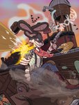anthro boots bullet carrot clothing cowboy cowboy_hat food footwear gun gunfire handgun hat headgear headwear kerchief male plant ranged_weapon revolver shoes shooting shooting_gun solo sunset train vegetable vehicle water_tower weapon western badaspen ambient_bird lagomorph leporid mammal rabbit absurd_res comic hi_res