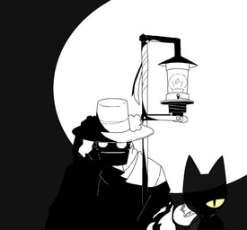 ambiguous_gender anthro biped black_body clothed clothing duo hat headgear headwear hollow_eyes lamp lantern looking_at_viewer machine mouth_closed mouthless pupils simple_background slit_pupils smoking standing topwear white_eyes sabgong domestic_cat felid feline felis humanoid mammal robot hi_res