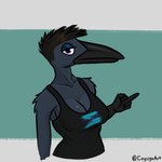 anthro beak big_breasts black_body black_hair blue_eyes breasts clothed clothing eyelashes eyeshadow female fingers gesture hair hand_gesture looking_at_viewer makeup middle_finger non-mammal_breasts shirt simple_background solo tank_top topwear cayugo connie_(cayugo) avian bird corvid corvus_(genus) crow oscine passerine 1:1 2023 absurd_res digital_media_(artwork) hi_res signature