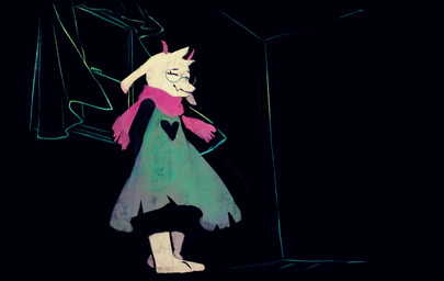 ambiguous_gender anthro barefoot clothing empty_room eyebrows eyes_closed feet fur green_clothing hands_behind_back horn pink_horn raised_inner_eyebrows scarf smile solo white_body white_fur window asahina_neru deltarune undertale_(series) ralsei boss_monster_(undertale) darkner 2025 full-length_portrait hi_res portrait male_(lore)