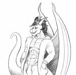 anthro bat_wings bulge clothed clothing hair male membrane_(anatomy) membranous_wings navel open_clothing open_shirt open_topwear scales shirt solo tail topwear wings bison_black mythology bisc dragon mythological_creature mythological_scalie scalie hi_res monochrome