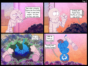 ambiguous_gender ambiguous_humanoid animal_genitalia balls blue_body blue_eyes blue_fur brown_hair brown_tail clothed clothed_humanoid clothing dialogue disembodied_hand feral first_person_view fur genitals grin hair lifting_another male male_feral narrowed_eyes outside plant sheath shrub smile speech_bubble stuck tail teeth text upside_down white_body young young_feral young_male spacefluff fluffy_pony fluffy_pony_(species) humanoid mammal 2022 4:3 artist_name comic digital_media_(artwork) english_description english_text hi_res