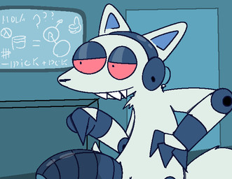 anthro biped detailed_background erection fur genitals gesture hand_gesture machine male penis pointing red_eyes solo silly_imp canid mammal robot