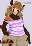 anthro blonde_hair bottomwear brown_body brown_fur brown_markings cargo_pants clothed clothing female fur hair hand_on_hip looking_at_viewer markings orange_body orange_fur pants pink_eyes shirt slightly_chubby solo stripes tank_top thick_thighs topwear white_body white_fur white_markings wide_hips zer0rebel4 discord_(app) telegram ailurid mammal red_panda absurd_res hi_res