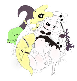 anthro black_eyes blush breasts choker clothing duo female jewelry melee_weapon necklace one_eye_closed plushie polearm spear tail thick_tail thick_thighs torn_clothing weapon white_body yellow_body fluffolio rain_world videocult monk_(rain_world) survivor_(rain_world) mammal slugcat absurd_res hi_res sibling_(lore) sister_(lore) sisters_(lore)