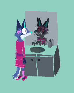 altered_reflection anthro blue_body blue_fur clothing dress female footwear fur happy mirror mirror_reflection open_mouth open_smile pink_bow pink_clothing pink_dress pink_footwear pink_shoes pink_socks reflection shoes simple_background smile socks solo teal_background demensa emil_(demensa) canid canine canis coyote domestic_dog mammal 2024 full-length_portrait hi_res portrait