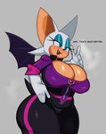 anthro big_breasts breasts cleavage clothed clothing dialogue eyeshadow female glistening_eyelids gloves green_eyes handwear huge_breasts lipstick makeup open_mouth open_smile simple_background smile solo text fiinel netflix sega sonic_prime sonic_the_hedgehog_(series) rouge_the_bat bat mammal 2022 digital_media_(artwork) english_text hi_res