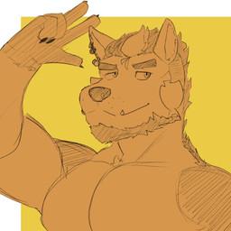 anthro barazoku beard clothing ear_piercing facial_hair fangs fur gesture hand_gesture male markings muscular muscular_anthro muscular_male nude orange_body orange_fur pecs piercing smile solo teeth v_sign zordykeaboo home_zomewhere_else fred_kent canid canine canis domestic_dog german_shepherd herding_dog mammal pastoral_dog hi_res sketch