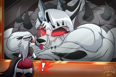 4_fingers altered_reflection anthro blep breasts butt clothing collar dialogue dress duo ear_piercing exclamation_point eyebrows eyelashes female female_anthro fingerless_gloves fingers fur gloves grey_hair hair handwear horn legwear mirror multi_horn muscular muscular_anthro notched_ear piercing red_sclera reflection sink spiked_collar spikes spikes_(anatomy) tongue tongue_out white_body white_eyes white_fur rampageguy hellaverse helluva_boss mythology kaijoona loona_(helluva_boss) canid canid_demon canine demon hellhound mammal mythological_canine mythological_creature 2026 3:2 comic hi_res