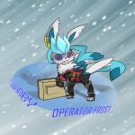 ambiguous_gender assault_vest clothed clothing cold feral ice knife sneaking_suit solo typography visor wings nintendo pokemon gwubby operator_frost eeveelution generation_4_pokemon glaceon pokemon_(species) 1:1