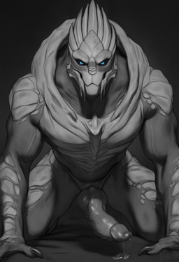 black_sclera blue_eyes bodily_fluids claws erection genital_fluids genitals kneeling knot knotted_penis looking_at_viewer male muscular nude penis precum solo bigl1463 bioware electronic_arts mass_effect garrus_vakarian alien turian hi_res