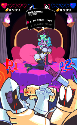 armor armwear bed bedroom_eyes big_breasts blood blue_body blue_skin bodily_fluids boots breasts clothed clothing elbow_gloves female footwear furniture gameplay_mechanics gloves green_hair group gui hair half-closed_eyes handwear health_bar horn knife knight legwear long_hair lying male melee_weapon multicolored_hair narrowed_eyes not_furry on_bed on_side panties punch purple_eyes purple_hair seductive shoes sword thigh_boots thigh_highs two_tone_hair underwear warrior weapon gashi-gashi noill zigza demon humanoid hi_res