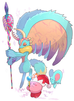 ambiguous_gender antares_(kirby_and_the_forgotten_land) anthro antlers big_ears biped bipedal_feral blue_eyes blush blush_stickers chest_tuft clothing colored_nails concentration countershade_torso countershading digitigrade dipstick_tail eyelashes eyes_closed feral fingernails fluffy fluffy_tail fool's_hat fur group hat head_wings headgear headwear holding_melee_weapon holding_object holding_polearm holding_spear holding_wand holding_weapon horn huge_wings markings melee_weapon mouthless multicolored_body multicolored_eyes multicolored_fur nails neck_tuft notched_ear one_eye_closed orange_body orange_fur pink_body polearm pupils purple_fingernails purple_nails red_body semi-anthro simple_background sparkles spear sweatdrop_(iconography) tail tail_markings teal_body teal_fur three-quarter_view trio tuft unusual_wing_placement wand weapon white_background wings yellow_body yellow_fur chii_mako kirby_(series) kirby_and_the_forgotten_land nintendo beam_kirby elfilin fecto_elfilis kirby alien chinchilla chinchillid mammal rodent starling_(kirby) waddling_head 2023 digital_drawing_(artwork) digital_media_(artwork) japanese_description male_(lore)