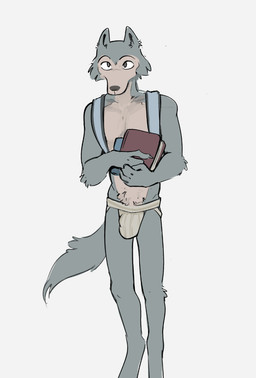 anthro athletic athletic_anthro athletic_male backpack book bulge claws clothed clothing eyebrows fur holding_book holding_object jockstrap jockstrap_only looking_at_viewer male simple_background solo standing student topless topless_anthro topless_male tuft underwear underwear_only white_background mindkog beastars legoshi_(beastars) canid canine canis mammal wolf 2026 hi_res