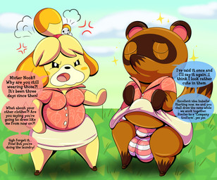 anthro balls balls_outline big_balls big_bulge bottomwear bulge chibi clothed clothed_anthro clothed_male clothing clothing_lift crossdressing detailed_bulge dialogue duo female femboy genital_outline genitals huge_balls male male/female male_anthro outside panties panties_bulge pattern_bottomwear pattern_clothing pattern_panties pattern_underwear penis_in_panties pink_clothing pink_panties pink_underwear presenting_panties presenting_underwear shortstack shortstack_female shortstack_male skirt skirt_lift slightly_chubby speech_bubble striped_bottomwear striped_clothing striped_panties striped_underwear stripes text underwear upskirt white_clothing white_panties white_underwear tepigfan101 animal_crossing nintendo isabelle_(animal_crossing) tom_nook_(animal_crossing) canid canine canis domestic_dog mammal raccoon_dog tanuki 2023 absurd_res digital_media_(artwork) english_text hi_res