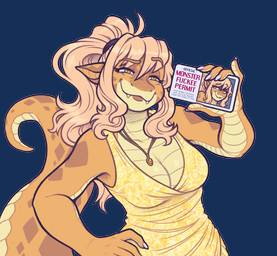 5_fingers anthro big_breasts blonde_hair breasts cleavage clothed clothing colored_nails countershade_arms countershade_face countershade_neck countershade_tail countershade_torso countershading dress eyebrows fangs female fingers hair hand_on_hip high_ponytail id_card jewelry long_tail looking_at_viewer nails necklace non-mammal_breasts orange_body orange_scales pendant pointy_ears ponytail scales simple_background smug_face smug_grin solo tail teeth thick_tail ventral_scales white_nails wide_hips yellow_body yellow_eyes yellow_scales keffotin mice_tea monster_fucker_permit sylvia_drake reptile scalie snake 2024 alpha_channel digital_media_(artwork) hi_res trans_(lore) trans_woman_(lore)
