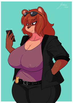 big_breasts breasts brown_hair cellphone cleavage clothed clothing electronics eyewear eyewear_on_head female fully_clothed hair holding_cellphone holding_object holding_phone holding_smartphone huge_breasts looking_at_cellphone looking_at_object looking_at_phone nipple_outline phone police_badge smartphone solo sunglasses sunglasses_on_head year jwinkz gina_knight bear brown_bear kodiak_bear mammal ursine 2019 hi_res signature