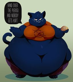 anthro blue_body blue_fur blue_tail bottomwear breasts clothing female food fupa fur looking_at_viewer morbidly_obese obese orange_clothing orange_shirt orange_topwear overweight pants pierogi purple_bottomwear purple_clothing purple_pants red_eyes shirt solo speech_bubble tail talking_to_viewer text topwear torn_ear whiskers hoodah night_in_the_woods mae_borowski domestic_cat felid feline felis mammal 2023 english_text hi_res