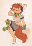 anthro big_ears blush bottomwear breasts clothed clothing crop_top electronics eyes_closed female female_anthro freckled_face freckles fully_clothed fur gloves hair handwear headphones midriff navel shirt shorts sitting tan_body tan_fur topwear rexyseven rusty_gears canid canine fennec_fox fox mammal true_fox 2024 absurd_res hi_res