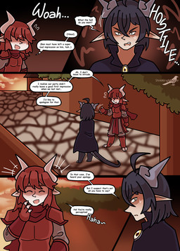 clawed_hands clothing dark_eyes dialogue duo gem hair horn male monster_girl_(genre) outside red_eyes red_hair simple_background text wings yellow_eyes yellow_gem shriekingmagpie horned_humanoid humanoid winged_humanoid comic digital_media_(artwork) english_text hi_res