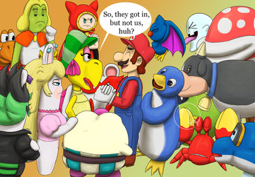 2_horns 2_toes 5_fingers 6_legs ambiguous_feral ambiguous_gender amethyst_(gem) anthro beak bell bell_collar belt black_body black_clothing black_eyes black_facial_hair black_fur black_jacket black_mustache black_topwear blonde_eyebrows blue_body blue_clothing blue_collar blue_eyes blue_feathers blue_fur blue_overalls blue_skin blue_stripes bodily_fluids bottomless bottomless_anthro bottomless_female bottomwear brown_belt brown_clothing brown_footwear brown_hair brown_shoes button_(fastener) cape chest_tuft closed_frown clothed clothed_anthro clothed_female clothed_human clothed_male clothing collar crown ear_piercing eyebrows eyelashes eyes_closed facial_hair feathers featureless_arms featureless_legs feet female female_anthro female_feral feral fingers flippers flying footwear frown frowning_at_another fully_clothed fully_clothed_human fully_clothed_male fur furrowed_brow gem gloves gradient_background green_body green_clothing green_eyebrows green_hat green_headwear green_skin grey_bottomwear grey_clothing grey_pants group hair half-closed_eyes hand_on_head hand_on_own_arm hands_together handwear hat headgear headwear high_heels horn jacket larger_anthro larger_female larger_human larger_male light logo long_ears long_hair male male_anthro male_human male_humanoid medium_hair membrane_(anatomy) membranous_wings mitten_hands mouth_closed multicolored_body multicolored_feathers multicolored_hair mustache narrowed_eyes nervous nervous_smile nervous_sweat no_eyebrows noseless open_mouth open_smile orange_background orange_body orange_scales overalls pants pattern_bottomwear pattern_clothing pattern_pants piercing pincers pink_clothing pink_eyelids pink_inner_ear pink_shell pink_shirt pink_tongue pink_topwear plant pockets prince purple_clothing purple_ear_piercing purple_footwear purple_hair purple_shoes purple_wings red_body red_cape red_clothing red_footwear red_hat red_headwear red_high_heels red_mask red_nose red_shirt red_skin red_topwear round_ears royalty ruby_(gem) scales shell shirt shoes simple_background size_difference smaller_ambiguous smaller_anthro smaller_female smaller_feral smile spiky_hair standing striped_bottomwear striped_clothing striped_pants stripes sweat talons tan_body tan_eyelids tan_horn tan_inner_ear tan_skin toes tongue tongue_out topwear tuft two_tone_body two_tone_feathers two_tone_hair water white_body white_clothing white_eyes white_feathers white_fur white_gloves white_handwear white_shirt white_topwear wings yellow_beak yellow_feet skywater mario_and_luigi_(series) mario_bros mario_kart mario_kart_world mario_plus_rabbids_kingdom_battle mario_plus_rabbids_sparks_of_hope nintendo paper_mario raving_rabbids rayman_(series) super_mario_rpg_legend_of_the_seven_stars ubisoft edge_(mario_plus_rabbids) kooper kylie_koopa mallow_(mario) moo_moo_meadows_cow ms._mowz peepa prince_dreambert prince_peasley rabbid_peach arthropod avian beanish bird bovid bovine cattle cetacean coin_coffer crab crustacean decapod dolphin dolphin_(mario) elemental_creature flora_fauna ghost human humanoid lagomorph malacostracan mammal marine penguin penguin_(mario) pi'illo piranha_plant rabbid sidestepper spirit swooper toothed_whale 2025 absurd_res adobe_photoshop_(artwork) artist_logo colored crossover digital_drawing_(artwork) digital_media_(artwork) english_description hi_res lighting shaded