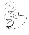 ambiguous_gender anthro open_mouth solo speech_bubble squinted_eyes teeth_showing text kigoh-neko felid feline mammal digital_media_(artwork) japanese_text low_res monochrome sketch