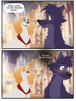 baroque_architecture black_nose blue_eyes blush brown_eyes brown_nose day dialogue duo feral floppy_ears fur lop_ears male male/male multicolored_body multicolored_fur open_mouth romantic romantic_couple smile speech_bubble talking_to_another talking_to_partner text ariesartist belfort_and_lupin belfort_(belfort_and_lupin) lupin_(belfort_and_lupin) brittany_spaniel canid canine canis mammal wolf absurd_res comic english_text hi_res