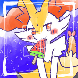 ambiguous_anthro ambiguous_gender anthro biped blush blush_stickers camera_view food food_in_mouth front_view fruit looking_at_viewer melon no_pupils object_in_tail plant popsicle popsicle_in_mouth puffed_cheeks shrimp_(food) simple_background snout solo tail watermelon watermelon_slice annyui0611 nintendo pokemon braixen canid generation_6_pokemon mammal pokemon_(species) 1:1 2024 digital_drawing_(artwork) digital_media_(artwork) half-length_portrait hi_res japanese_description portrait translated_description