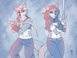 5_fingers anthro armor bottomwear bracers breasts circlet cleavage clothed clothing duo female fingers fur hair humanoid_hands male melee_weapon navel pants smile sword weapon heresy_(artist) canid canine mammal 2024 4:3 signature sketch