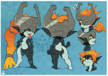 armor big_butt black_body blue_background blue_markings border breasts butt eyelashes featureless_breasts featureless_crotch female front_view glistening glistening_butt grey_body hair headgear helmet humanoid_pointy_ears markings naughty_face one_eye_obstructed pointy_ears ponytail prehensile_hair rear_view red_eyes shortstack shortstack_female simple_background small_breasts solo tail thick_thighs tongue tongue_out white_border wide_hips yellow_sclera crimsoncoax nintendo the_legend_of_zelda twilight_princess midna humanoid imp twili hi_res model_sheet