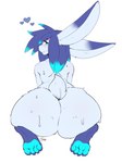 absurd_res anthro big_butt blue_body blue_fur blue_hair bodily_fluids butt fur hair hi_res huge_butt lagomorph leporid long_ears looking_at_viewer looking_back male mammal pawpads paws peng rabbit solo sweat sweaty_butt tera_antares white_body white_fur