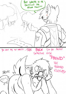 anthro bottomless clothed clothing dialogue egg herm intersex male maleherm oviposition pregnant pregnant_male solo text topazknight red_(topazknight) canid canine deer mammal english_text hi_res