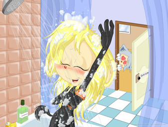 anthro bathroom black_body black_fur blonde_hair blush bodily_fluids bubble duo female fur hair heart_eyes heart_symbol looking_at_another male naturally_censored nude peeping saliva shower solo_focus sponge standing tongue tongue_out voyeur water wet angishy angi_(angishy) lupus_(angishy) inkblot mammal digital_media_(artwork)