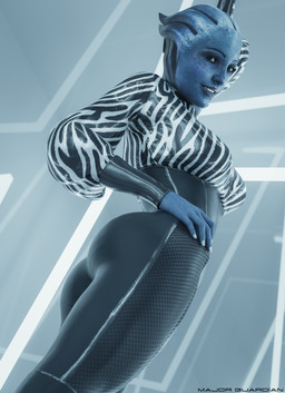 blue_body blue_eyes blue_skin bodysuit breasts butt clothing eyelashes female freckles hand_on_hip looking_at_viewer not_furry skinsuit smile solo text tight_clothing major_guardian bioware electronic_arts mass_effect liara_t'soni alien alien_humanoid asari humanoid 2025 3d_(artwork) absurd_res digital_media_(artwork) english_text hi_res