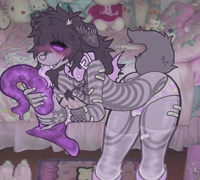 5_fingers abstract_background accessory alternative_fashion anthro band-aid bandage bangs barbell_piercing bed bedding bent_over big_dildo biohazard_symbol biped blanket blush blush_lines bodily_fluids bottomwear bracelet brown_hair bulge butt clothed clothing collar colored_nails crossbones dildo dildo_lick dripping drugs ear_piercing facial_hair facial_markings facial_piercing fangs femboy fingers floppy_ears fluffy fluffy_tail forked_tongue fur fur_markings furniture genital_fluids glowing glowing_eyes grey_body grey_fur hair hair_accessory hair_over_eye hairclip hazard_symbol head_markings heart_symbol holding_object holding_sex_toy hypnotic_eyes jewelry leaking_precum legwear licking long_hair long_tongue male marijuana marijuana_leaf markings messy_hair multicolored_body multicolored_fur nails nipple_piercing nipples one_eye_obstructed partially_clothed pattern_bottomwear pattern_clothing pattern_underwear photo_background piercing pillow pink_bottomwear pink_clothing pink_nails pink_nipples pink_nose pink_tongue pink_underwear plushie precum precum_through_clothing precum_through_underwear red_eyes ringed_eyes rug saliva saliva_on_tongue scar seam_(sewing) sex_toy short_tail solo spiked_bracelet spikes stitch_(sewing) striped_body striped_fur stripes stubble symbol tail tan_body tan_fur tattoo teeth thigh_highs tongue tongue_out tongue_piercing translucent translucent_clothing underwear wet wet_clothing wings y2k_(fashion) pillowcult hello_kitty_(series) sanrio hello_kitty_(character) purgatory_(pillowcult) bat canid canine canis dobermann domestic_dog fox hybrid mammal pinscher vampire 2023 digital_drawing_(artwork) digital_media_(artwork) hi_res photography_(artwork) portrait signature three-quarter_portrait