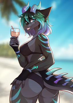 anthro beach beverage big_breasts big_butt bikini black_bikini black_body black_clothing black_hair black_scales black_swimwear blue_eyes blue_hair breasts butt clothing female gloves gradient_hair gradient_horn gradient_stripes green_hair green_horn green_spikes green_stripes grey_body grey_scales grey_scutes hair half-closed_eyes handwear holding_beverage holding_object horn looking_back multicolored_hair narrowed_eyes non-mammal_breasts non-mammal_hair purple_stripes scales scutes short_hair solo spiked_tail spikes spikes_(anatomy) striped_body stripes swimwear tail thick_thighs two-piece_swimsuit wide_hips fuvi mythology freyja_(oops) dragon mythological_creature mythological_scalie scalie hi_res