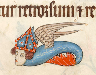 clothing feral flying hair hat headgear headwear human_faced_feral illuminated_manuscript looking_aside male marginalia medieval mitre religious_clothing religious_headwear solo text what where_is_your_god_now wings unknown_artist lutrell_psalter animal_humanoid fish fish_humanoid flying_fish humanoid marine marine_humanoid 14th_century ancient_art latin_text traditional_media_(artwork)