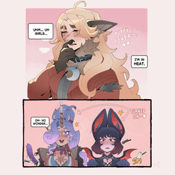 banana blonde_hair blush bodily_fluids collar dialogue drooling eggplant female food fruit group hair heart_symbol horn in_heat plant purple_hair saliva text mixief deadlock_(game) mythology valve celeste_(deadlock) lilah_silver mina_(deadlock) bat canid canine equid equine humanoid mammal mythological_canine mythological_creature mythological_equine unicorn werecanid werecanine werecreature werewolf 1:1 absurd_res comic hi_res