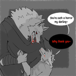 4_fingers anthro arm_tuft arm_wrapping arm_wraps black_clothing blood blood_drip blood_in_mouth blood_on_face blood_on_mouth blood_on_teeth blue_eyes bodily_fluids cheek_tuft cloak clothed clothing dialogue dripping duo ears_down ears_up elbow_tuft eye_contact facial_tuft fingers fluffy fur fuzzy half-closed_eyes hand_holding hand_on_head head_tuft looking_at_another looking_at_partner looking_down looking_up male male/male narrowed_eyes neck_tuft open_mouth open_smile pivoted_ears poncho red_eyes sharp_teeth shirt size_difference smile speech_bubble teeth text topwear tuft wrapped_arms wraps harukaroto dreamworks puss_in_boots_(franchise) death_(puss_in_boots) haru_(haru_karoto) canid canine canis fox mammal wolf 1:1 english_text hi_res monochrome