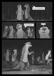 anthro bodily_fluids canid canine comic cum cum_on_ground dialogue digital_media_(artwork) english_text genital_fluids greyscale grin group hi_res infidelity laugh male mammal monochrome mustelid navel open_mouth otter outside smile tail text the_end tribal zaush